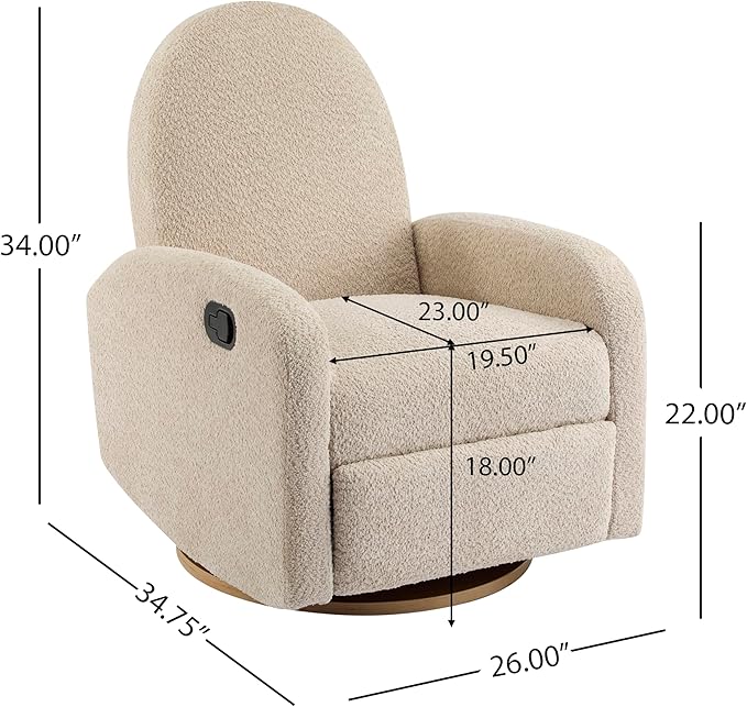 Christopher Knight Home Sidney Fabric Upholstered 360° Swivel Chair Boucle Push-Back Recliner Solid Wood Glider Recliner with Rotation Living Room Single Lounge Sofa Almond Beige