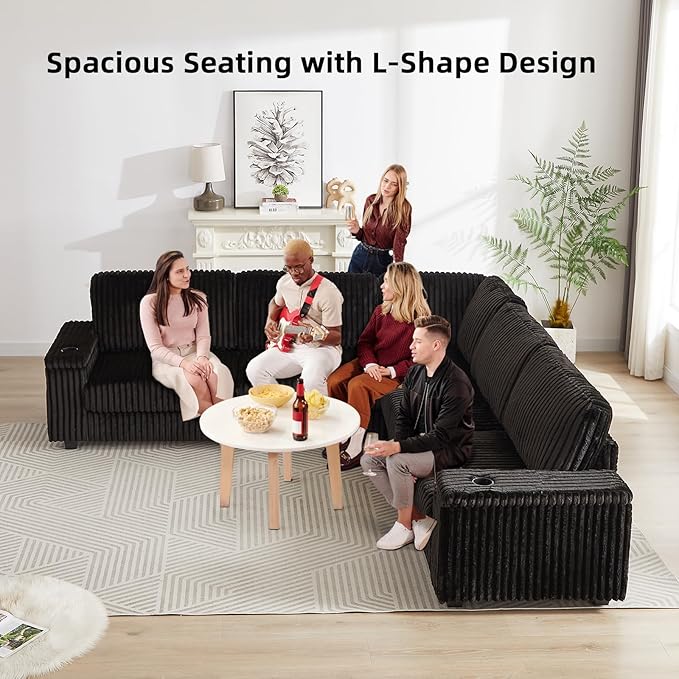 Black Sectional Couches for Living Room Oversized Corduroy Couch Large L-Shaped Corner Couch with Storage Armrests USB Charging &amp Cup Holder 5 Seater Modular Sectional Sofa (Black)