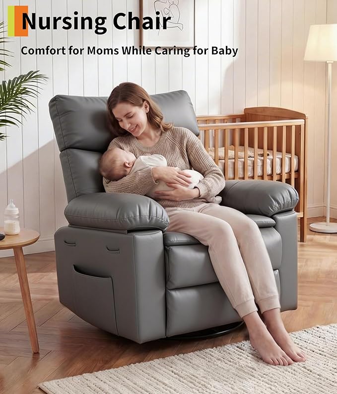 GarveeHome Oversized Leather Recliner Chair Swivel Rocker Manual Recliner for Adults Lazy Rocking Chair with Comfort Arms and Back Single Sofa for Living Room