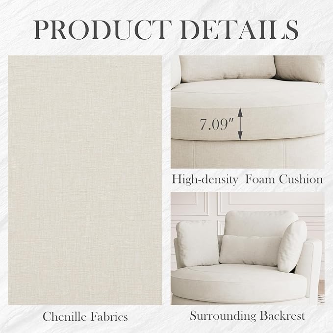 Aoiy &amp Wifon 50'' W Oversized Swivel Barrel Chair Beige Swivel Accent Chair for Living Room Round Oversized Arm Chair with 4 Pillows Deep Seat &amp Extra Wide Chenille
