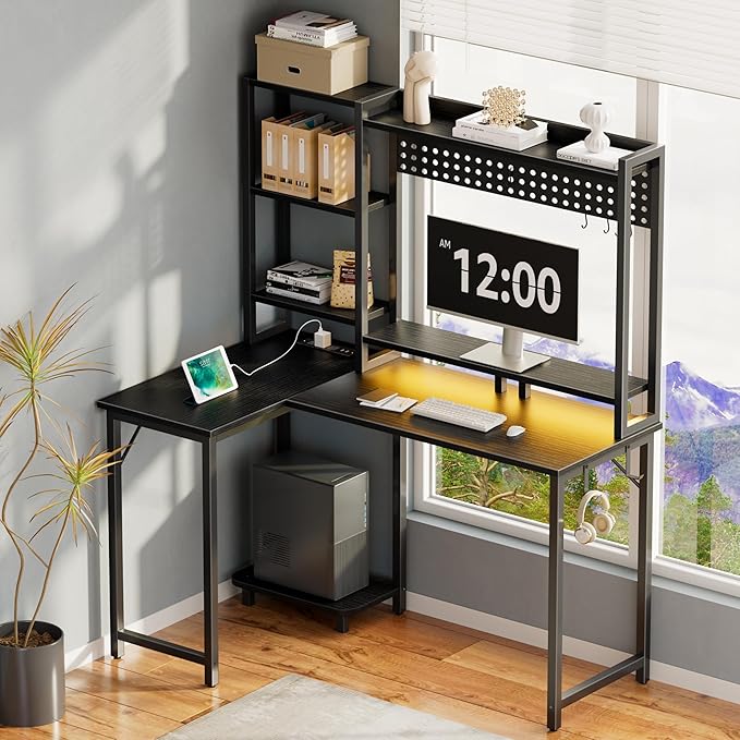 L Shaped Gaming Desk with Shelves - 48 inch Corner Computer Desks with Storage Hutch Shelf Reversible Pegboard Led Lights Power Outlets PC Monitor Stand for Bedroom Black