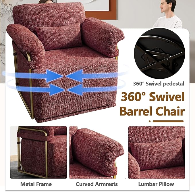 Swivel Accent Chairs 360 Swivel arm Chairs for Bedroom Club Chair with Back Gold Frame Tall Base for Office and Living Room (Red)