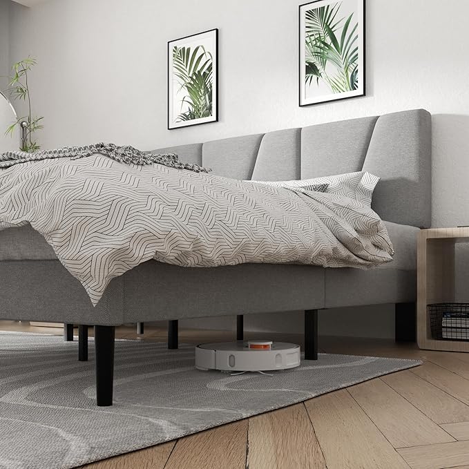 Queen Size Platform Bed Frame with Geometric Upholstered Headboard Noise Free Wooden Slats Support No Box Spring Needed Easy Assembly Light Grey Linen