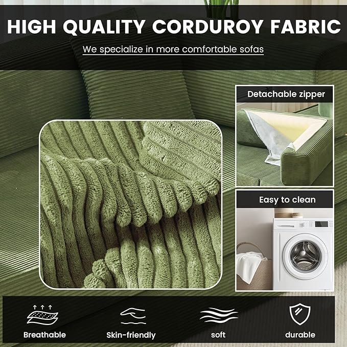 Convertible Sleeper Sofa Bed Corduroy Upholstered Green Modular Floor Couch Queen/King Size Foldable Futon with Memory Foam for Apartment Living Room Bedroom (Green 108 Sofa) | Convertible sofa bed