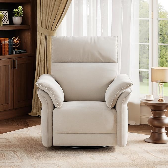 IDEALHOUSE Power Recliner Chair 270 °Swivel Rocking Glider with USB Charging Port Chenille Upholstered Fabric and Double-Layer Armrests Nursery Chair for Living Room Nursery (White)