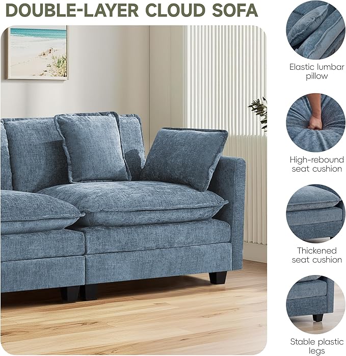 2-Seater Cloud Couch Oversized Comfy Modular Sectional Sofa with Deep Seat Cushions Chenille Loveseat for Living Room Apartment &amp Small Spaces Blue