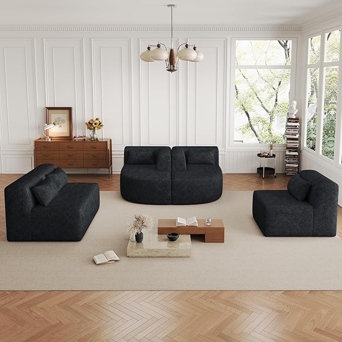 Modern 143.7 Upholstered Sectional SofaFree-Combined Sofa Couch with Two Chaise Lounge and Five Back Pillowsfor Living Room Bedroom (Black#4)