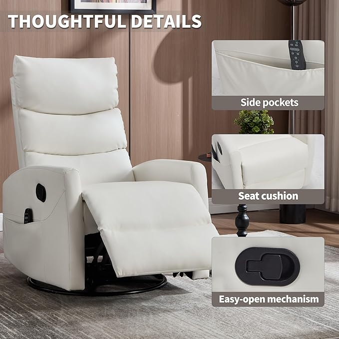 Manual Swivel Rocker Recliner Chair for Adults Overstuffed Glider Recliner for Nursing with Vibration Massage &amp Heat Living Room Rocking Recliner 3-Stage backrest Faux Leather White