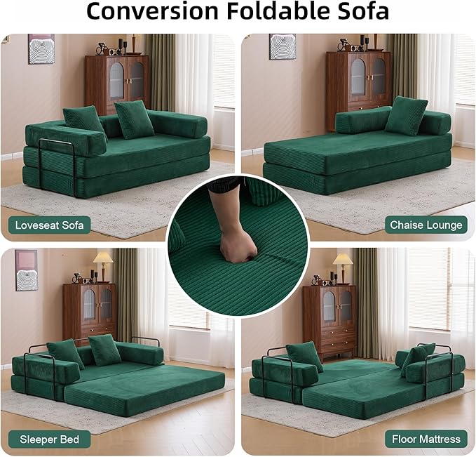 Convertible Floor Sofa Bed Fold Out Floor Couch with Pillow Back &amp Armrest Compressed Couch with Fixed-Shape Frame Corduroy Foldable Sleeper Sofa Bed for Living Room Bedroom Dark Green