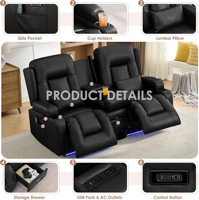 TUNYI Wall Hugger Loveseat Recliner Sofa with Console Power Reclining Loveseat RV Couch with Massage &amp Heat/USB/Outlet/Storage/LED Light/Speaker (Black)