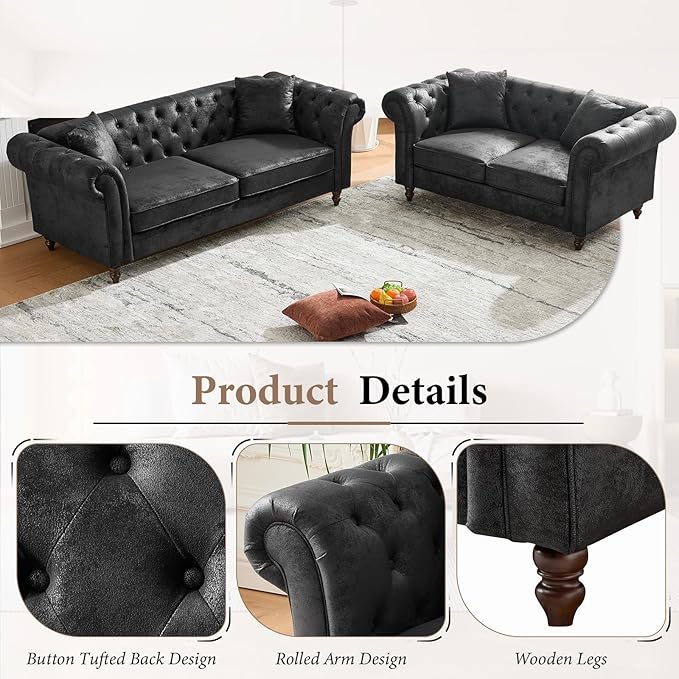TTK Chesterfield Faux Leather Fabric Sofa Set 2-Seater Loveseat + 3-Seater Couch Combo Upholstered Tufted Rolled Arm Mid Century Modern Sofa Set for Living Room Office Apartment Black