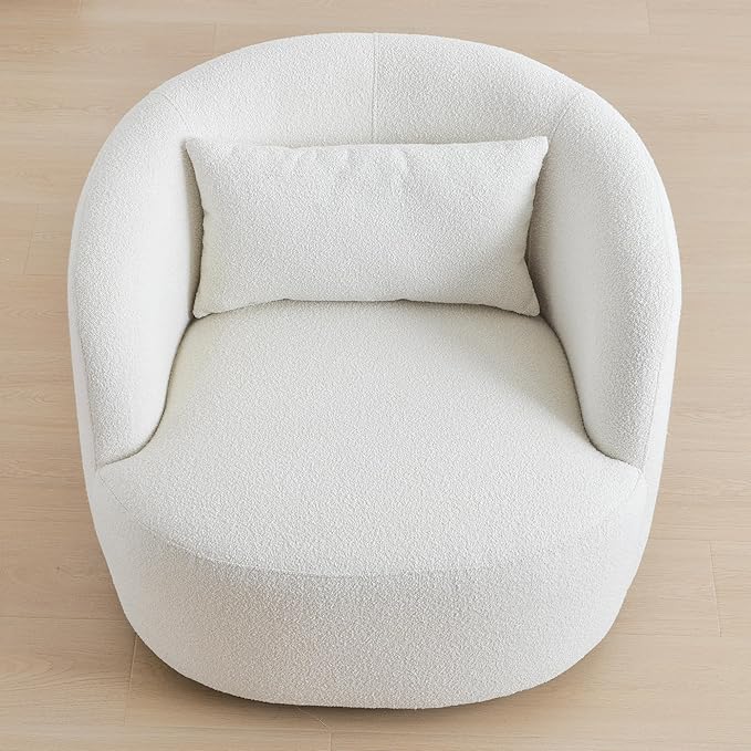 KINWELL 34 Wide Sherpa Swivel Barrel Chair No Assembly Round Boucle Upholstered Accent Chair Armchair Single Sofa Chair with Toss Pillow for Living Room and Bedroom Beige
