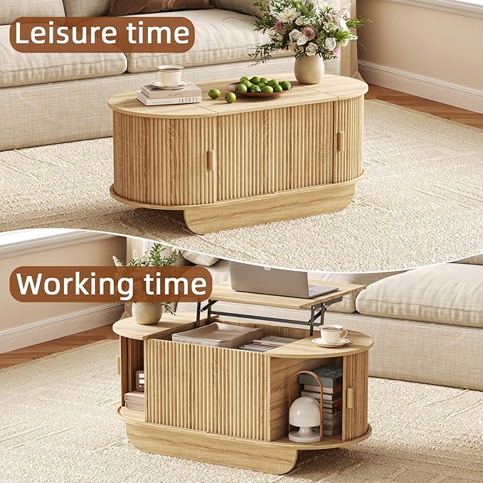 Fluted TV Stand and Coffee Table Set of 286.61'' TV Console for 55-85 InchModern Entertainment Center with Large Storage CabinetLift Top Coffee Table for Living Room Bedroom Natural