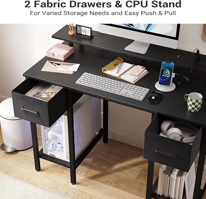 Black Computer Desk with Drawers 42 Inch Home Office Desk Study Writing Table Gaming Desk with USB Power Outlets Office Desk with Fabric Drawer Work Table with Shelf for Bedroom Black