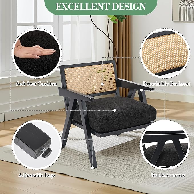 Garvee Mid-Century Modern Accent Chair Linen Upholstered Lounge Chair withWood Frame Soft Cushion - Comfortable Reading Armchair for Living Room Bedroom Office - Black 2 PCS