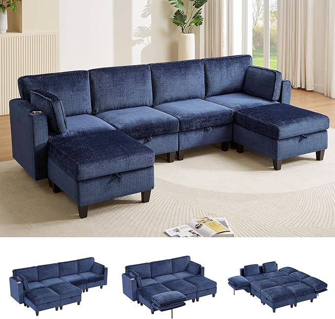ONBRILL 110 U-Shaped Modular Sectional Sofa Convertible Sleeper Sofa Couch Bed with Adjustable Backrest Chenille Couch with Movable Ottoman Couches for Living RoomBedroom and ApartmentBlue