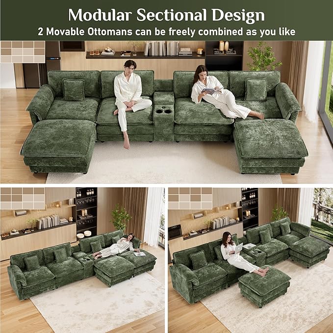 152 Oversized Modular Sectional Sofa U Shaped Cloud Couch Modern 6 Seat Sofa Set for Living Room Comfy Chenille Couch with Storage Central Console Movable Ottomans Cup Holders USB Ports Green