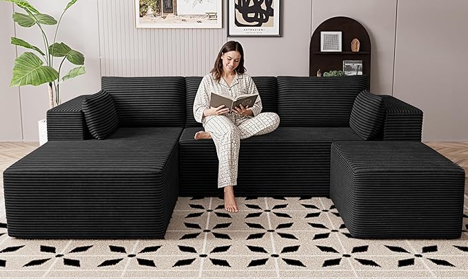 106 Cloud Sectional Boneless Couches for Living Room Modular U Shaped Couch with Deep Seat Removable Ottoman Memory Foam Compressed Spineless 4 Seater Sofa for Bedroom Apartment Black