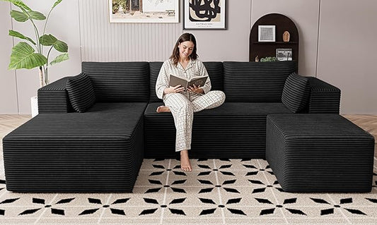 106 Cloud Sectional Boneless Couches for Living Room Modular U Shaped Couch with Deep Seat Removable Ottoman Memory Foam Compressed Spineless 4 Seater Sofa for Bedroom Apartment Black