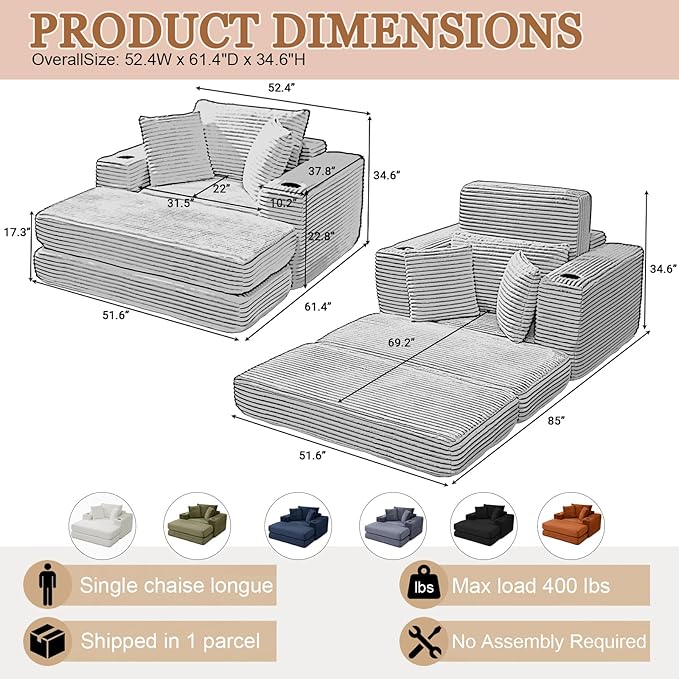53 Oversized Chaise Lounge Chair Indoor Modular 3-in-1 Corduroy Boneless Chair Cloud-Like Cozy Comfy Sofa Bed Sleeper Couch for Reading Living Room Bedroom Orange