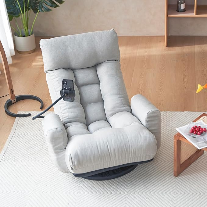 Gwen Upholstered 360° Swivel Chair Lounge Chair with Adjustable Backrest/Headrest Metal Frame Living Room Lounge Sofa and Phone Holder Comfy Bean Bag Chair Gray
