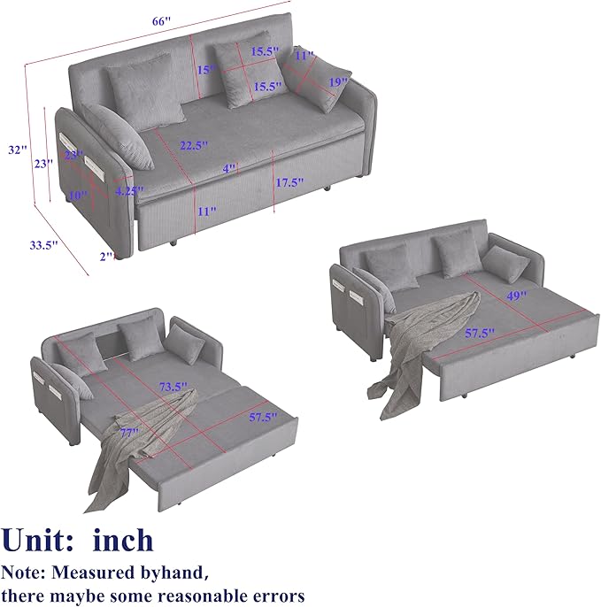 Ball &amp Cast 66 Convertible Sofa Bed3-in-1 Corduroy Loveseat Sleeper Pull Out Couch Bed with Pillows and Side Pockets Deep Seat Comfy Sofa Couches for Living RoomApartmentBeige
