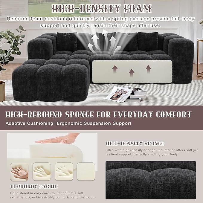 99.2 Cloud Sectional Couch Sofa for Living Room Modern Modular Sofa with Deep Seat Upholstered Boneless Couches with L-Shape Chaise No Assembly Required Black (Corduroy Fabric)