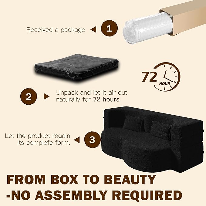 Convertible Sofa Bed Full Size｜78 Sleeper Couch with 2 Pillows｜Boucle Fabric Folding Sofa Bed｜High-Density Foam｜No Assembly｜Space-Saving｜for Living Room Guest Room｜Black