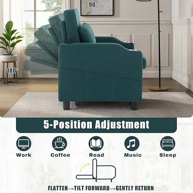 Sleeper Chair 5-in-1 Convertible Chair Bed Pull Out Adjustable Single Armchair Sofa Bed with USB PortsSide PocketCup Holder (Green)