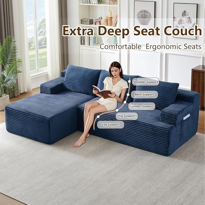 96.1 Modular Sectional Sofa Couches L-Shape Couch 3 Seat Modular Sofa Corduroy Memory Foam Sectional Boneless Couches for Living Room Cloud Couch with Oversized Chaise(Blue Left Facing)