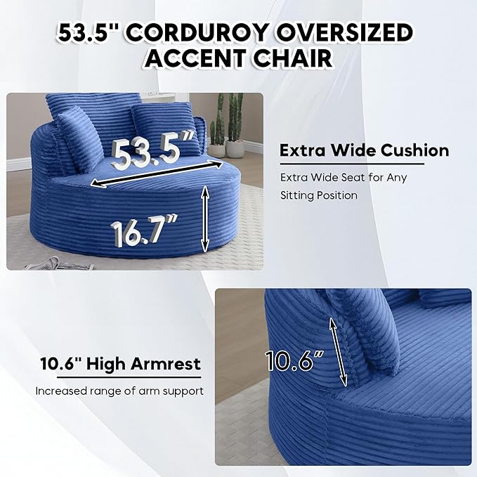 Oversized Round Chair Lounge Chaise Indoor 53.5 Corduroy Boneless Round Chair Fluffy Single Deep Seat Cloud Sofa Chairs Modern Circle Chaise Lounge for Bedroom Living Room Blue