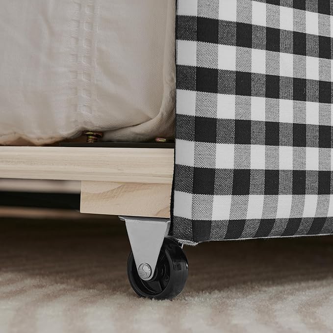 Cozy Gingham Daybed with Trundle Twin Size Sofa Bed No Box Spring Needed with USB Port and Adorable Wave Shaped Linen Fabric Navy (Black)