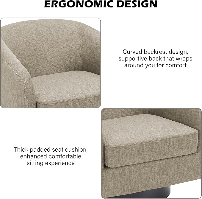 Swivel Barrel Accent Chair Modern Round Linen Arm Chair for Living Room Bedroom Comfy Club Reading Chairs for Adults（Linen Fabric Light Brown Set of 4