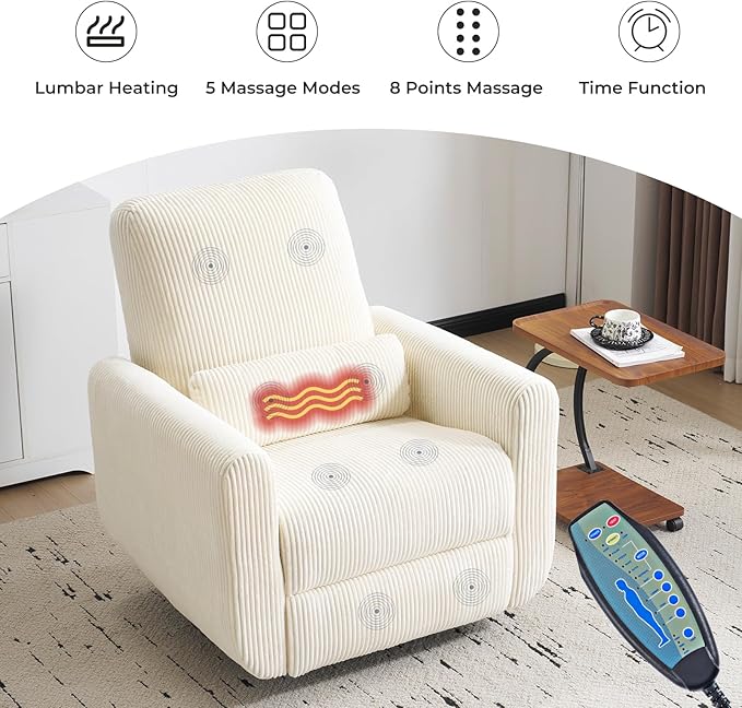 360° Swivel Glider Recliner Chair Oversized Rocker Recliner with Heating and Massage Glider Chair for Nursery with Pillow24 Extra Wide Rocking Chair for Living Room Corduroy Beige