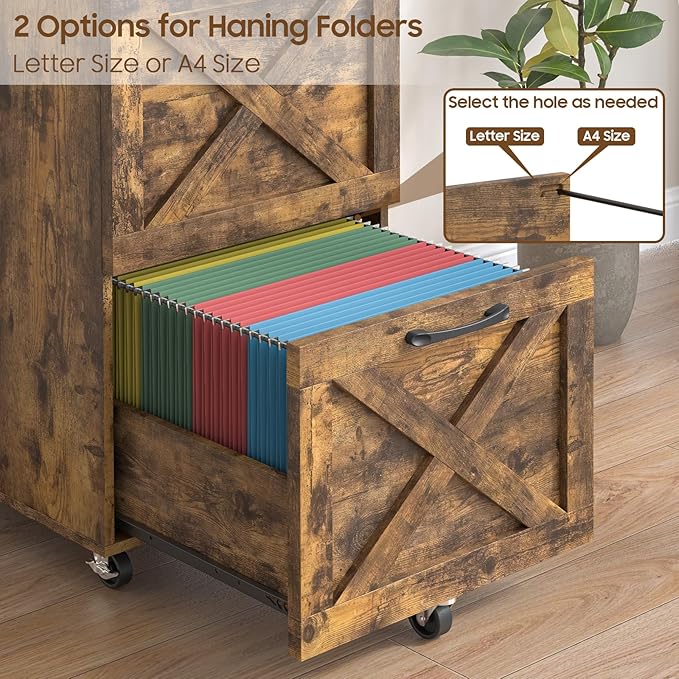 2 Drawer Small File Cabinet with Wheels Farmhouse Vertical Filing Cabinet Fits A4 or Letter Size Under Desk Rolling File Cabinets for Home Office Wooden Printer Stand Brown