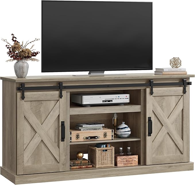 WLIVE Farmhouse TV Stand for TVs up to 65 Modern Media TV Console with Sliding X-Shaped Barn Doors Entertainment Center with Storage Cabinets for Living Room Grey Oak