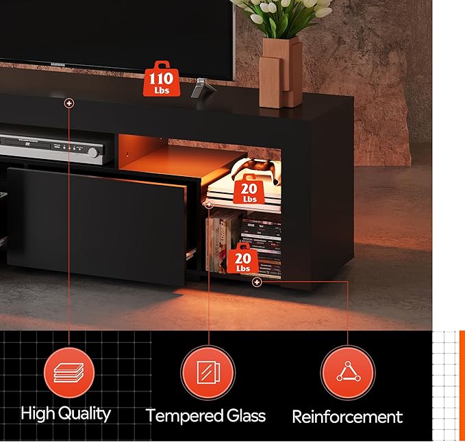 WLIVE 63 inch TV Stand for 50 55 60 65 70 75 Inch TVs Modern Entertainment Center with LED Lights &amp 2 Large Storage Drawers TV Console Gaming Media Television Stands for Living Room Bedroom(Bla