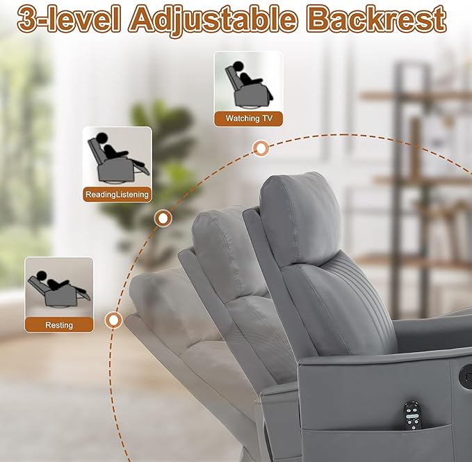 Manual Swivel Rocker Recliner Chair for Adults Overstuffed Recliner Glider with Massage and Heat Living Room Reclining Chair PU Leather Gray