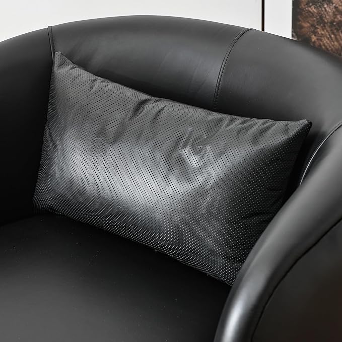 KINWELL 33'' W Top Grain Genuine Leather Swivel Barrel Armchair No Assembly Round Upholstered Leather Swivel Accent Chairs with Toss Pillow for Living Room Office Lounge (Black Genuine Leather)