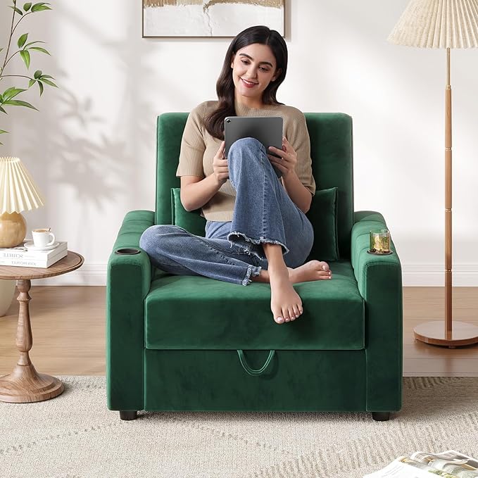 39 Inch Accent Chair Velvet Fabric Comfy Oversized Single Sofa Armchair with Storage USB Cup Holders Easy Installation Modern Chairs for Living Room Game Room