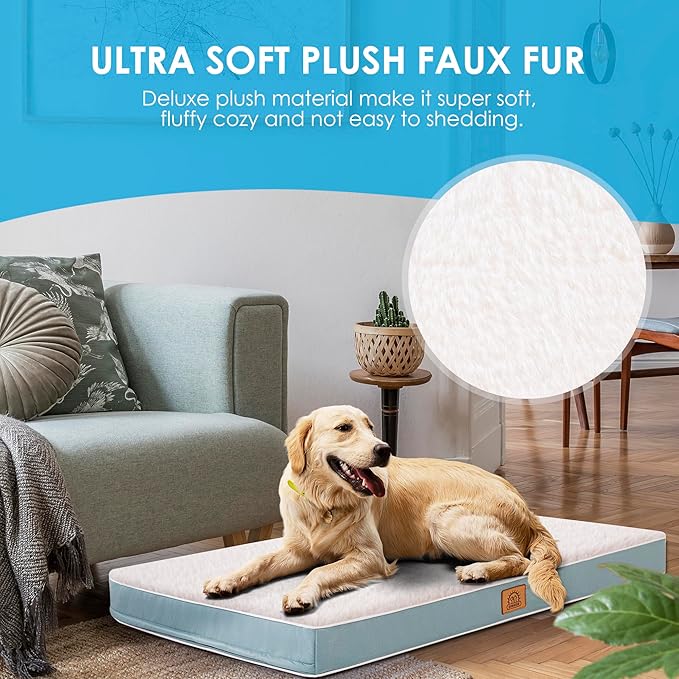 Orthopedic Dog Bed for Large Dogs and Extra Large Dogs XL Waterproof Dog Bed with Removable Washable Cover &amp Anti-Slip Bottom Crate Bed Deluxe Plush Pet Bed Mat L-Plus(36X27X3) Blue