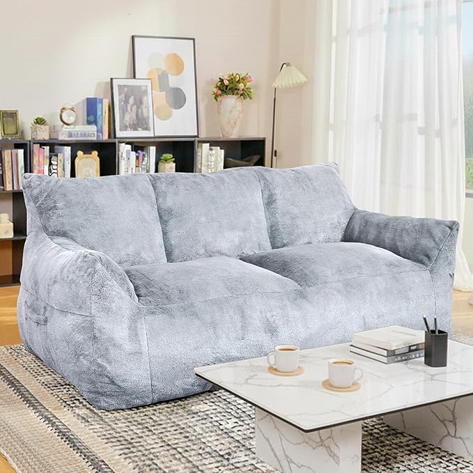 Faux Fur Loveseat Couch Oversized Lounge Sofa for Adults Fluffy Lazy Sofa with Soft Stuffed Filling Big Comfy Couch Boneless Couches for Living Room Bedroom Light Gray Blue