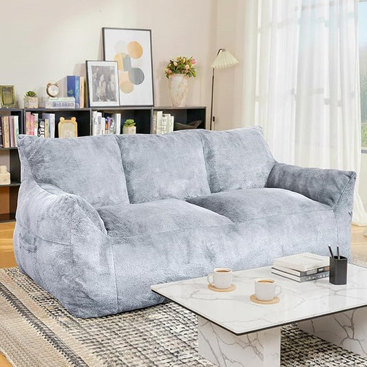 Faux Fur Loveseat Couch Oversized Lounge Sofa for Adults Fluffy Lazy Sofa with Soft Stuffed Filling Big Comfy Couch Boneless Couches for Living Room Bedroom Light Gray Blue