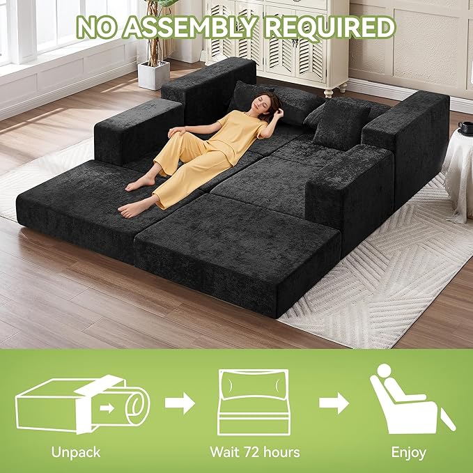 79 Boneless Loveseat Sofa Couch Modular Foldable Floor Cloud Sofa with Ottoman Lounge Convertible Sofa Bed for Living Room No Assembly Chenille Black