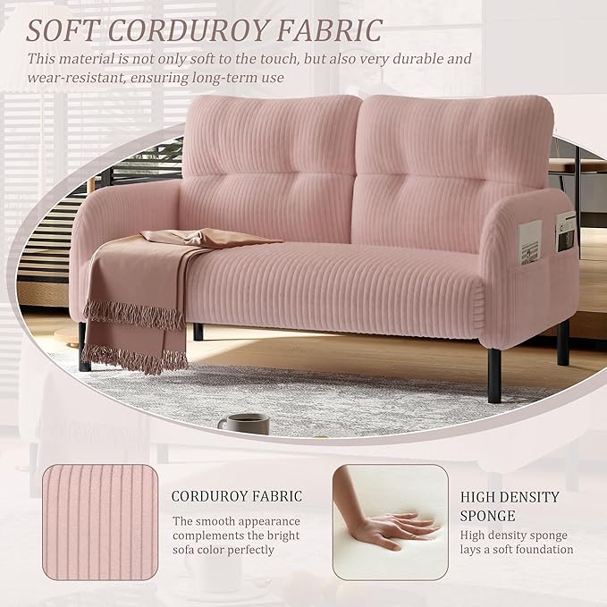 47'' Small Loveseat Sofa Comfy Corduroy Love Seat Couch for Small Spaces 2 Seater Sofa Office Couch with Solid Wood Legs for Living Room Bedroom Apartment (Pink)