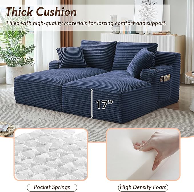 Oversized Double Chaise Lounge Chair Indoor Fluffy Upholstered Corduroy Sofa Bed with Throw Pillows Comfy Sleeper Deep Seat Sectional Loveseat Sofa Couch for Living Room (Blue)