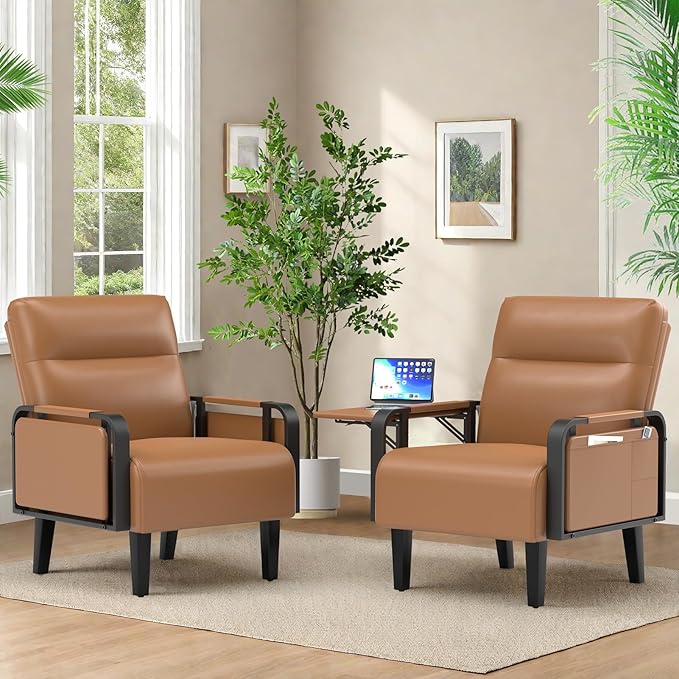 Upholstered Accent Chairs Set of 2 Faux Leather Armchair with Tray Table Comfy Reading Chair for Living Room Bedroom Guest Room Brown