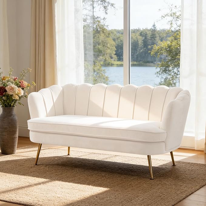 Mlmh &amp Kngwa 59 Small Chenille Loveseat Sofa 2 Seater Couch Settee with Gold Metal Legs Comfy Upholstered Floral Mini Sofa for Bedroom Living Room Apartment Beige