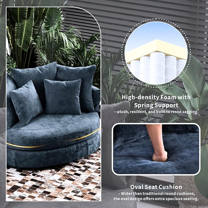 54.9''W Oversized Accent Barrel Chair Chenille Upholstered Comfy Couch Sofa with 5 Pillows for Living Room Apartment Bedroom (Navy Blue).
