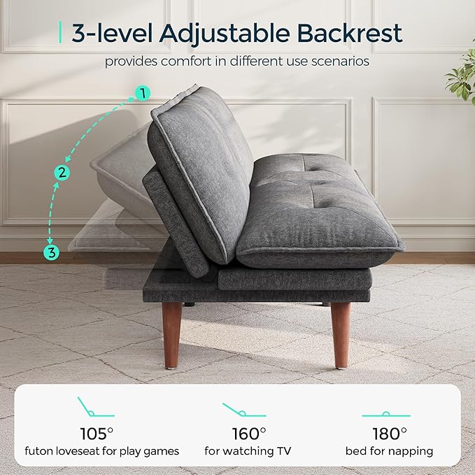 LINSY HOME Futon Sofa Bed 70 Futon Couch with Adjustable Backrest and Armrest Comfy Loveseat Convertible Folding Sleeper Sofa Couches for Small Spaces Living Rooms Apartment Office Grey